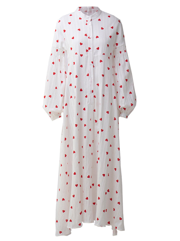 Tunic Dresses- Cotton Button-Up Balloon Sleeve Love Tunic Maxi Dress- - Pekosa Women Clothing