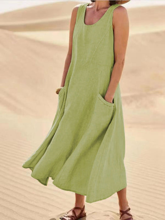 Tunic Dresses- Cotton Linen Tunic | Sleeveless Summer Dress- Pale green- Pekosa Women Clothing