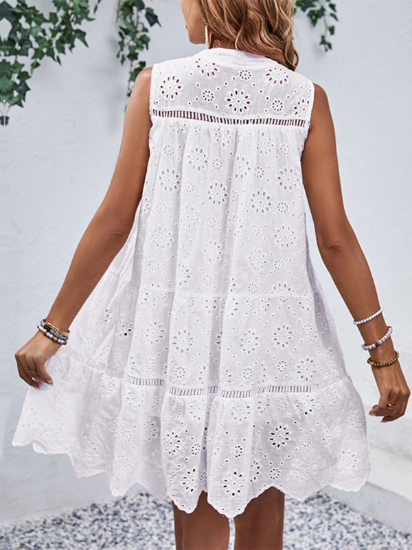 Tunic Dresses- Embroidery Eyelet Sleeveless Tunic Sundress- - Pekosa Women Fashion