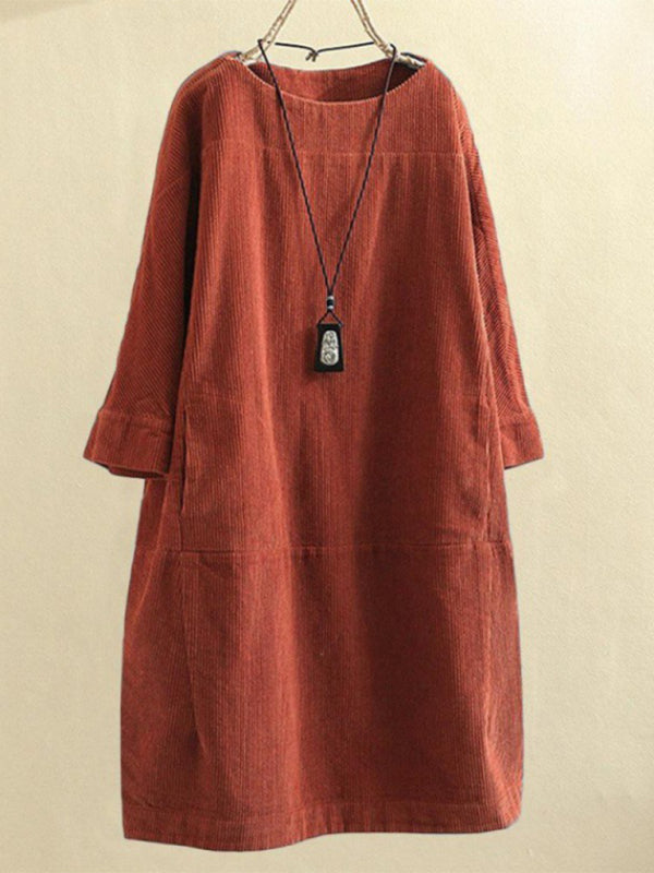 Tunic Dresses- Essential Oversized Corduroy Tunic Dress with 3/4 Sleeves- - Pekosa Women Clothing