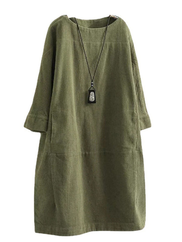 Tunic Dresses- Essential Oversized Corduroy Tunic Dress with 3/4 Sleeves- - Pekosa Women Clothing