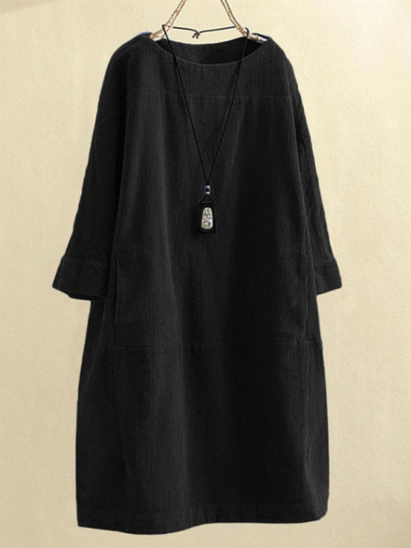 Tunic Dresses- Essential Oversized Corduroy Tunic Dress with 3/4 Sleeves- - Pekosa Women Clothing