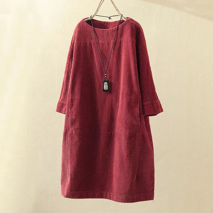 Tunic Dresses- Essential Oversized Corduroy Tunic Dress with 3/4 Sleeves- Wine Red- Pekosa Women Clothing