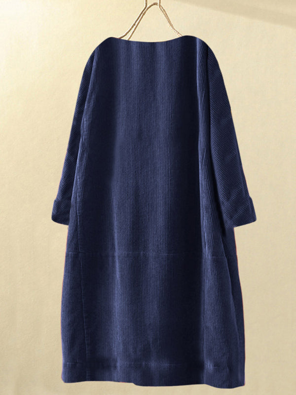 Tunic Dresses- Essential Oversized Corduroy Tunic Dress with 3/4 Sleeves- - Pekosa Women Clothing