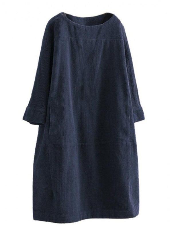 Tunic Dresses- Essential Oversized Corduroy Tunic Dress with 3/4 Sleeves- - Pekosa Women Clothing