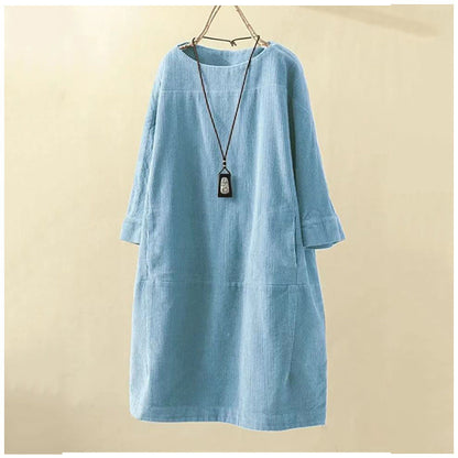 Tunic Dresses- Essential Oversized Corduroy Tunic Dress with 3/4 Sleeves- Sky blue azure- Pekosa Women Clothing