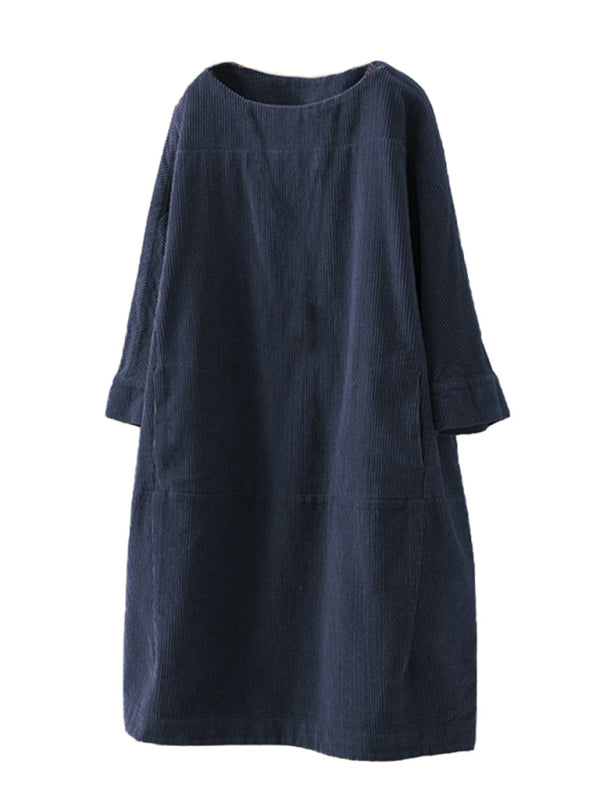 Tunic Dresses- Essential Oversized Corduroy Tunic Dress with 3/4 Sleeves- - Pekosa Women Clothing