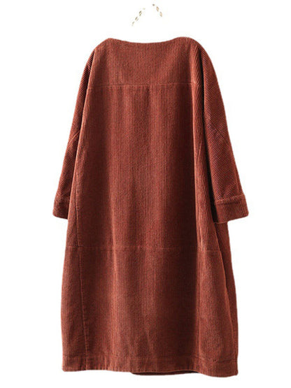 Tunic Dresses- Essential Oversized Corduroy Tunic Dress with 3/4 Sleeves- - Pekosa Women Clothing