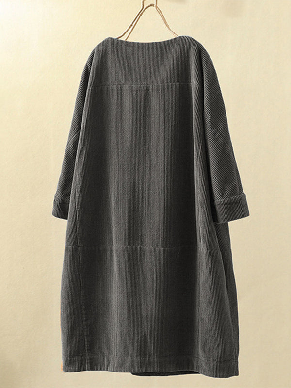 Tunic Dresses- Essential Oversized Corduroy Tunic Dress with 3/4 Sleeves- - Pekosa Women Clothing