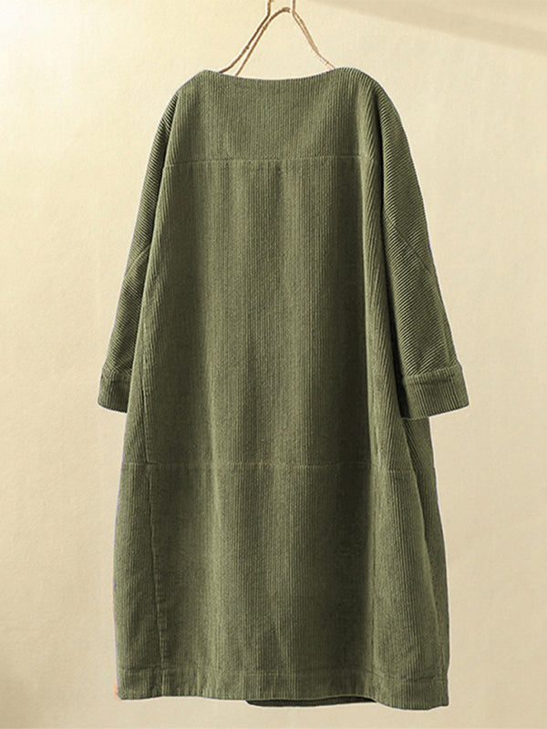 Tunic Dresses- Essential Oversized Corduroy Tunic Dress with 3/4 Sleeves- - Pekosa Women Clothing