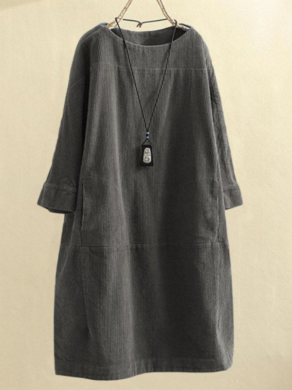 Tunic Dresses- Essential Oversized Corduroy Tunic Dress with 3/4 Sleeves- - Pekosa Women Clothing