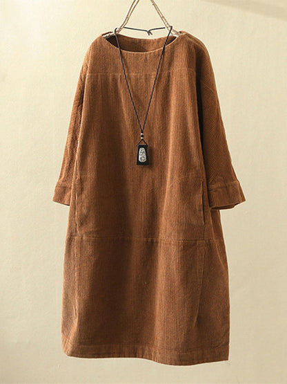 Tunic Dresses- Essential Oversized Corduroy Tunic Dress with 3/4 Sleeves- - Pekosa Women Clothing