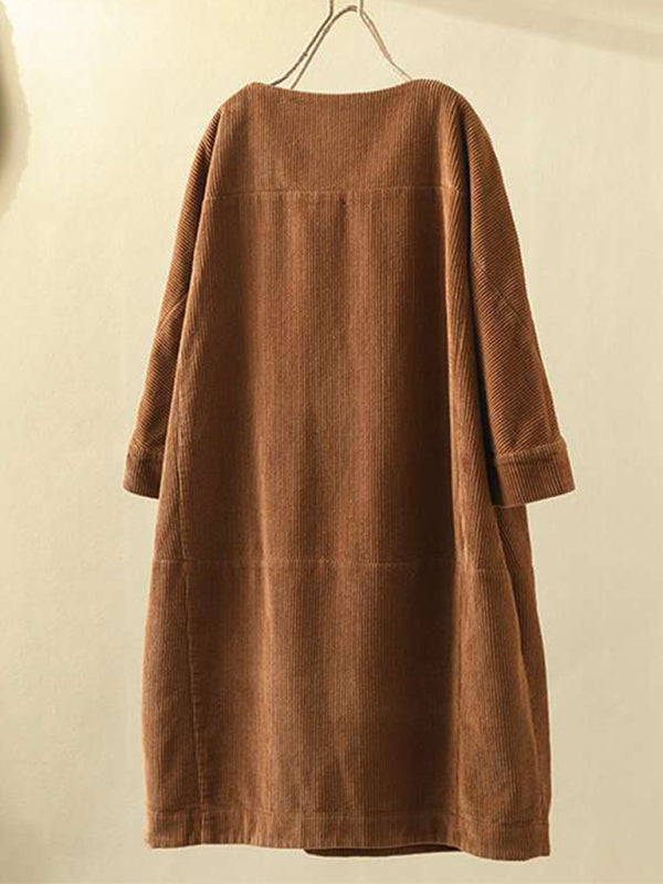 Tunic Dresses- Essential Oversized Corduroy Tunic Dress with 3/4 Sleeves- - Pekosa Women Clothing