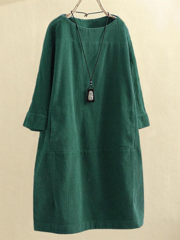 Tunic Dresses- Essential Oversized Corduroy Tunic Dress with 3/4 Sleeves- - Pekosa Women Clothing