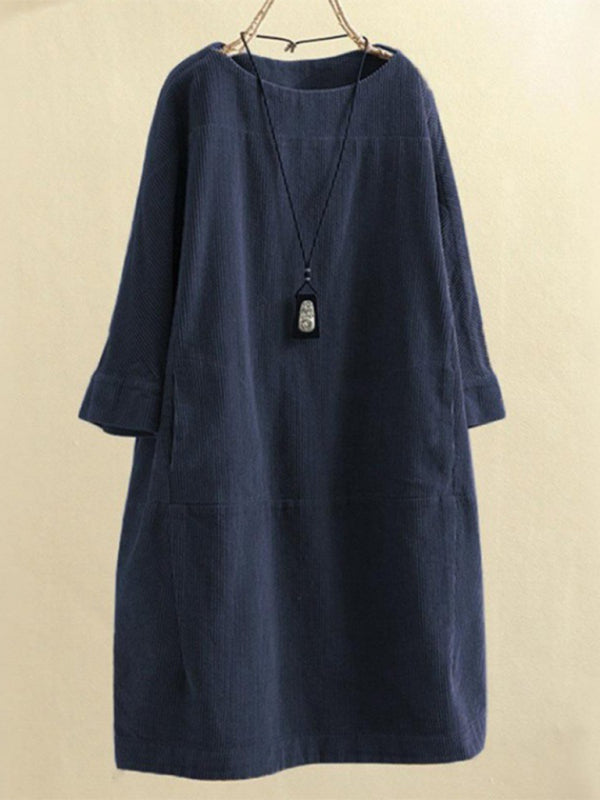 Tunic Dresses- Essential Oversized Corduroy Tunic Dress with 3/4 Sleeves- - Pekosa Women Clothing