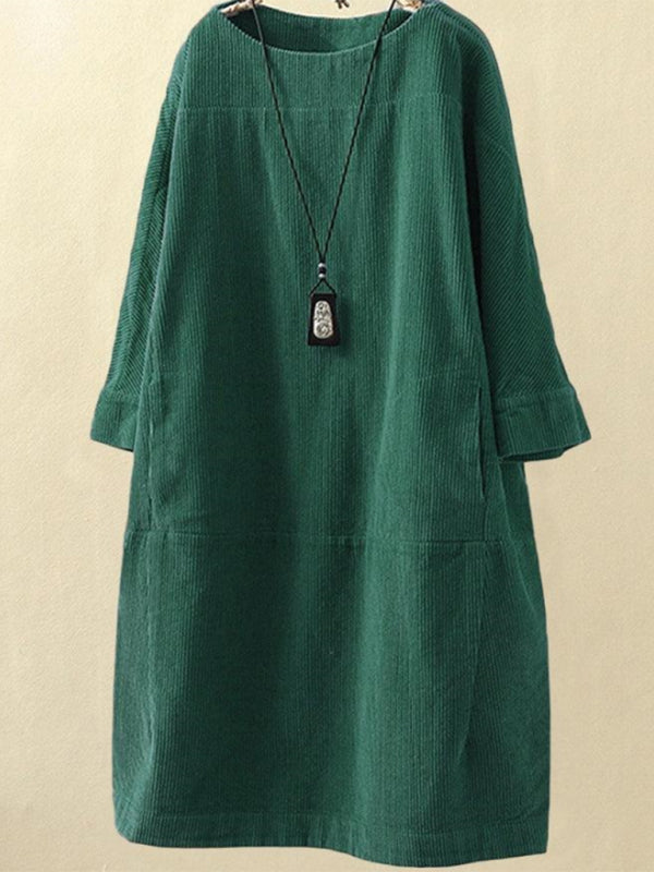 Tunic Dresses- Essential Oversized Corduroy Tunic Dress with 3/4 Sleeves- - Pekosa Women Clothing