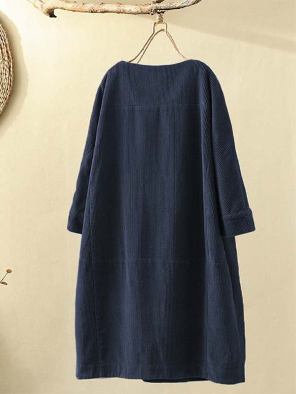 Tunic Dresses- Essential Oversized Corduroy Tunic Dress with 3/4 Sleeves- - Pekosa Women Clothing