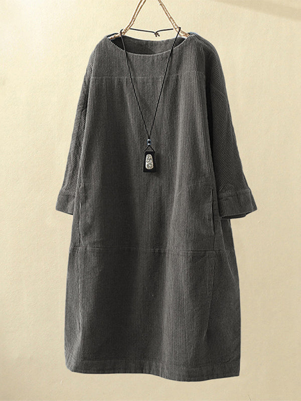 Tunic Dresses- Essential Oversized Corduroy Tunic Dress with 3/4 Sleeves- Grey- Pekosa Women Clothing