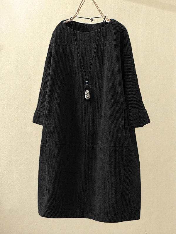 Tunic Dresses- Essential Oversized Corduroy Tunic Dress with 3/4 Sleeves- Black- Pekosa Women Clothing