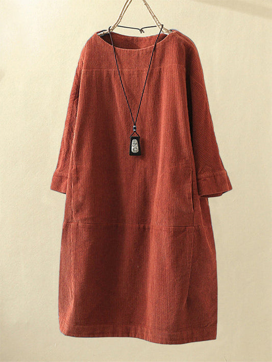Tunic Dresses- Essential Oversized Corduroy Tunic Dress with 3/4 Sleeves- Ponceau- Pekosa Women Clothing