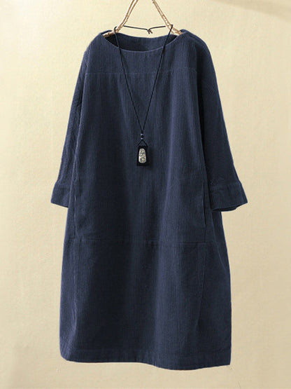 Tunic Dresses- Essential Oversized Corduroy Tunic Dress with 3/4 Sleeves- Blue- Pekosa Women Clothing