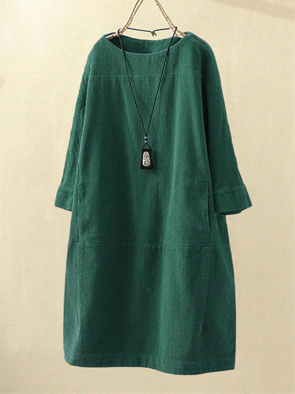 Tunic Dresses- Essential Oversized Corduroy Tunic Dress with 3/4 Sleeves- Green- Pekosa Women Clothing