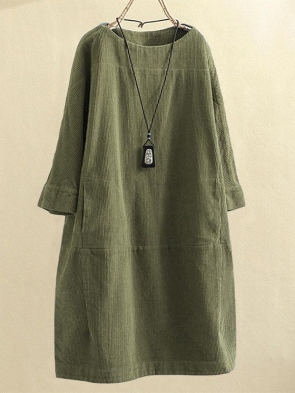 Tunic Dresses- Essential Oversized Corduroy Tunic Dress with 3/4 Sleeves- Green grey- Pekosa Women Clothing