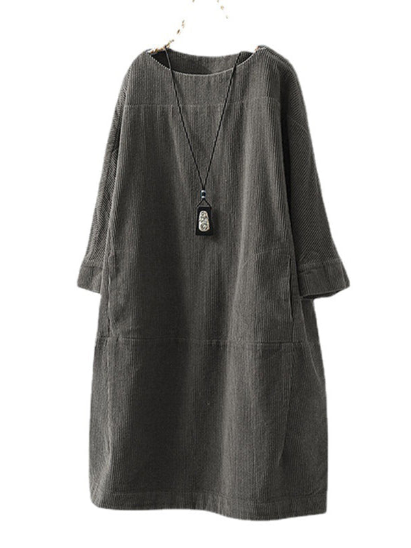 Tunic Dresses- Essential Oversized Corduroy Tunic Dress with 3/4 Sleeves- - Pekosa Women Clothing