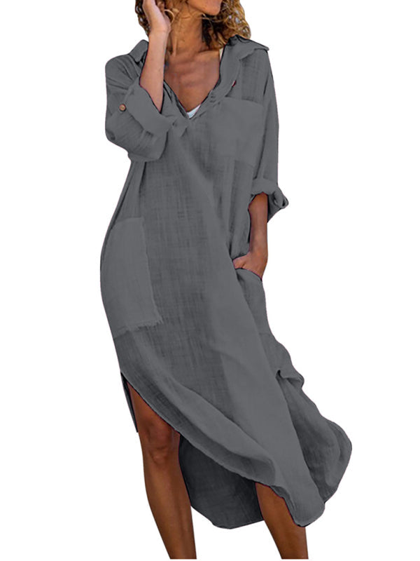 Tunic Dresses- Essential Solid Cotton Tunic Shirt Dress with Roll-Up Sleeves- - Pekosa Women Clothing