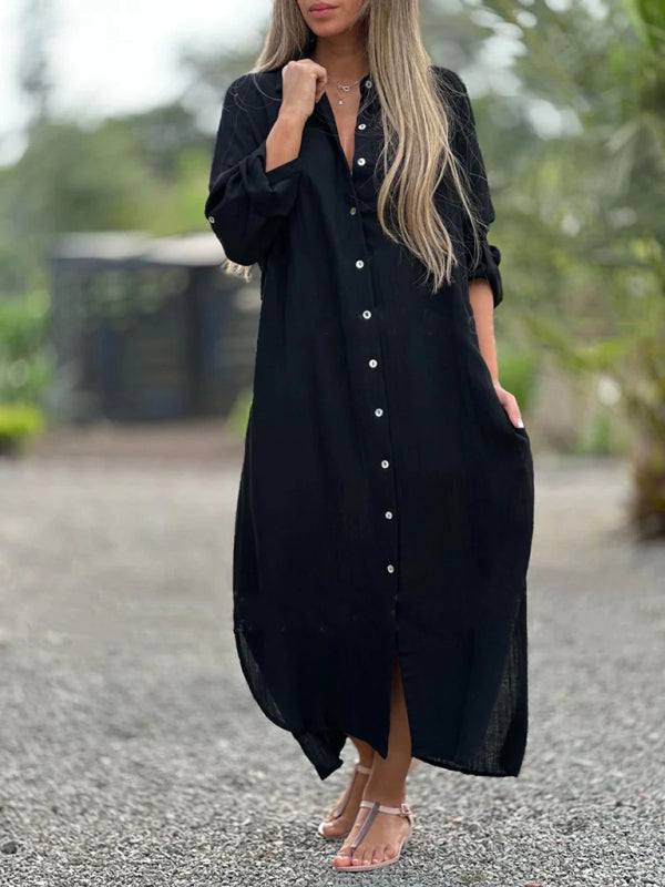 Tunic Dresses- Essential Summer Loose Tunic Shirt Dress in Cotton with Roll-Up Sleeves- Black- Pekosa Women Clothing