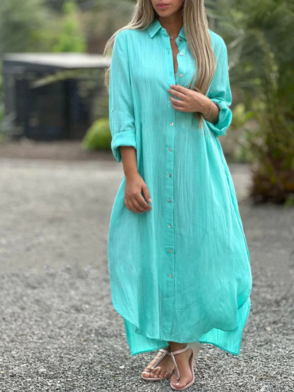 Tunic Dresses- Essential Summer Loose Tunic Shirt Dress in Cotton with Roll-Up Sleeves- Clear blue- Pekosa Women Clothing