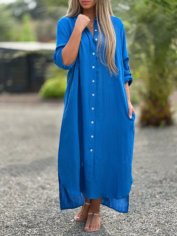 Tunic Dresses- Essential Summer Loose Tunic Shirt Dress in Cotton with Roll-Up Sleeves- Blue- Pekosa Women Clothing