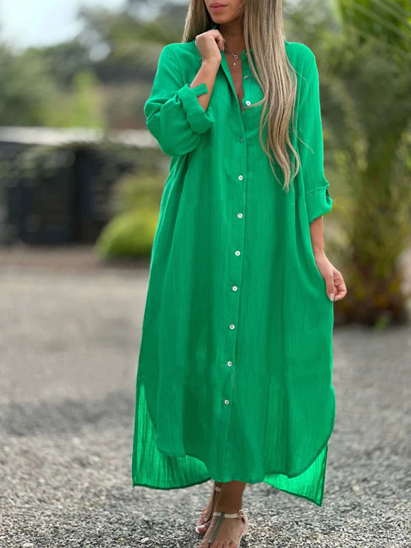 Tunic Dresses- Essential Summer Loose Tunic Shirt Dress in Cotton with Roll-Up Sleeves- Green- Pekosa Women Clothing