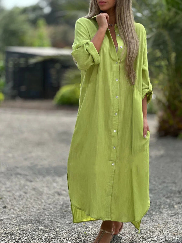 Tunic Dresses- Essential Summer Loose Tunic Shirt Dress in Cotton with Roll-Up Sleeves- GreenYellow- Pekosa Women Clothing