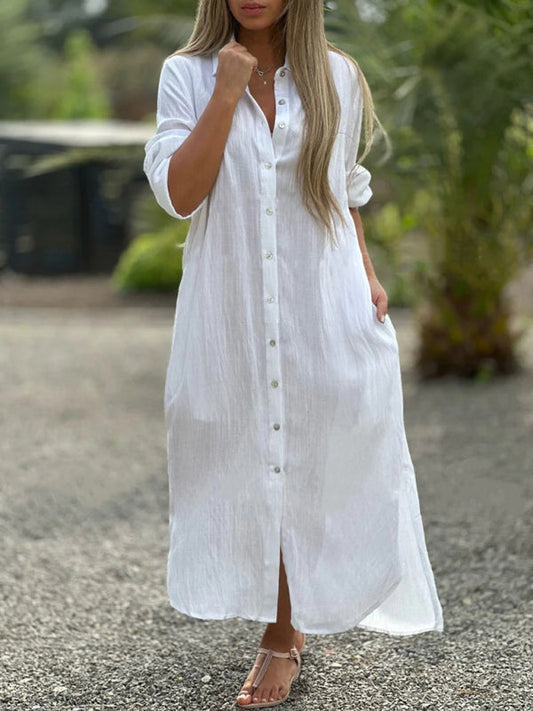 Tunic Dresses- Essential Summer Loose Tunic Shirt Dress in Cotton with Roll-Up Sleeves- White- Pekosa Women Clothing