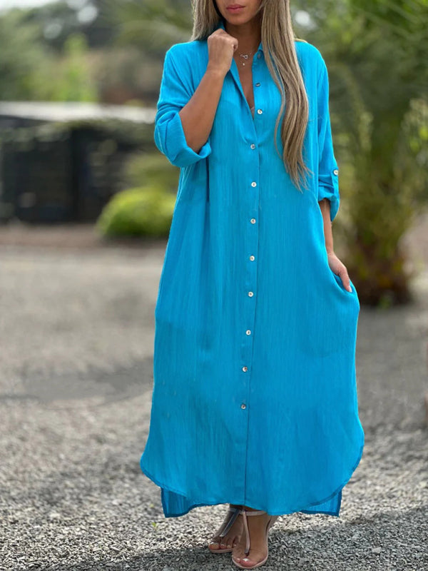 Tunic Dresses- Essential Summer Loose Tunic Shirt Dress in Cotton with Roll-Up Sleeves- Sky blue azure- Pekosa Women Clothing
