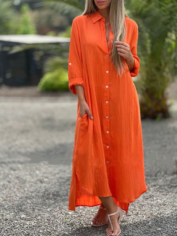 Tunic Dresses- Essential Summer Loose Tunic Shirt Dress in Cotton with Roll-Up Sleeves- Orange Red- Pekosa Women Clothing