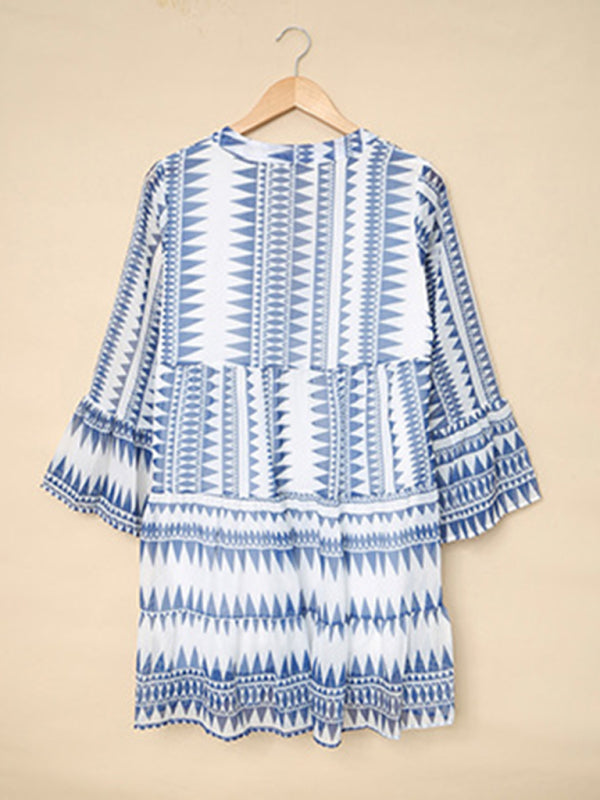 Tunic Dresses- Geo Print V-Neck Summer Tunic Dress with Lantern Sleeves- - Pekosa Women Clothing