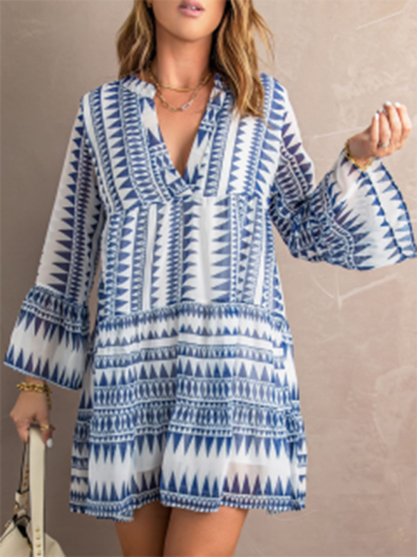 Tunic Dresses- Geo Print V-Neck Summer Tunic Dress with Lantern Sleeves- - Pekosa Women Clothing