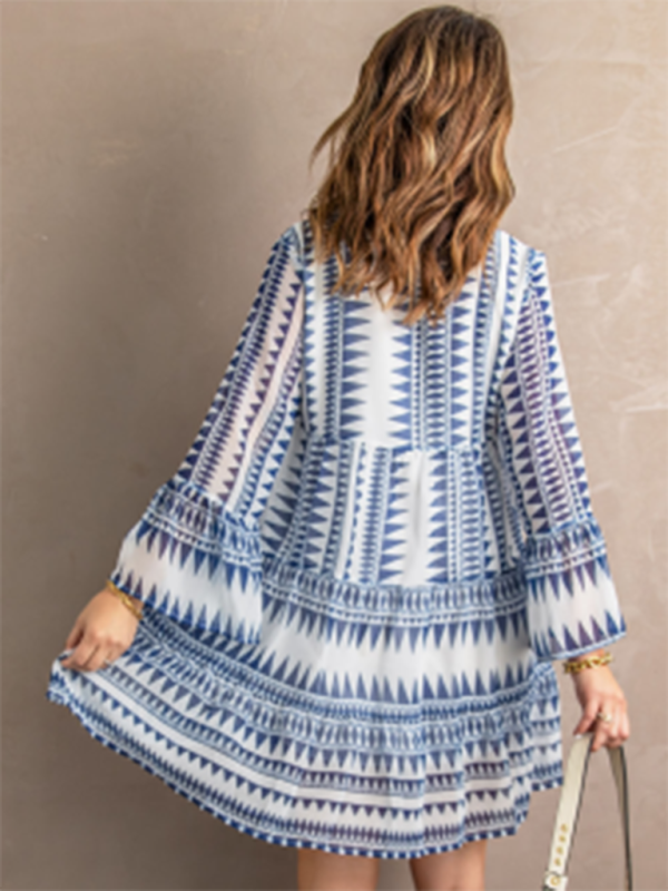 Tunic Dresses- Geo Print V-Neck Summer Tunic Dress with Lantern Sleeves- - Pekosa Women Clothing