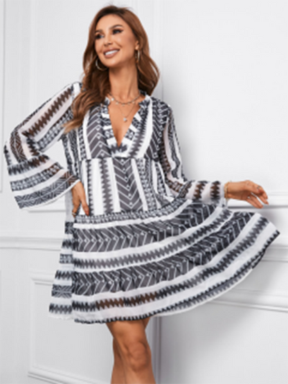 Tunic Dresses- Geo Print V-Neck Summer Tunic Dress with Lantern Sleeves- - Pekosa Women Clothing