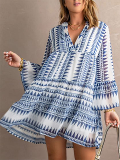 Tunic Dresses- Geo Print V-Neck Summer Tunic Dress with Lantern Sleeves- Blue- Pekosa Women Clothing