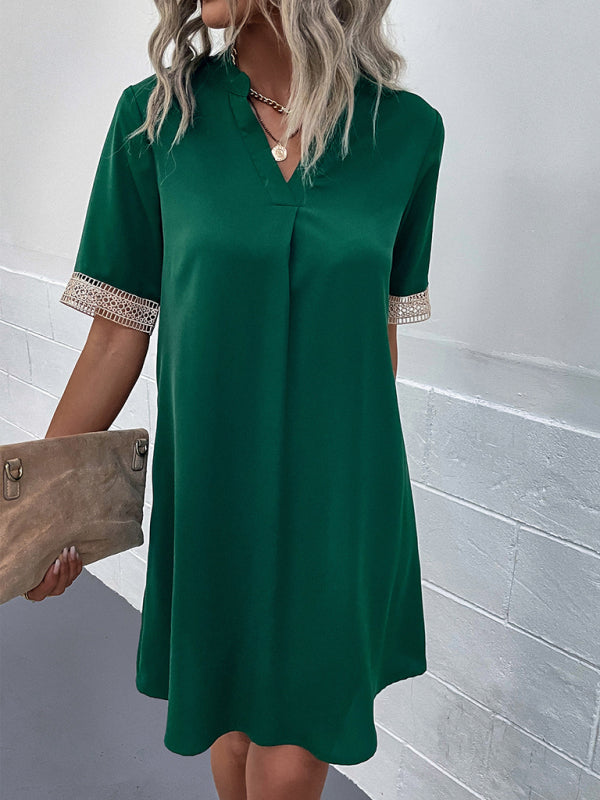 Tunic Dresses- Lace Accents Short Sleeve Tunic Mini Dress in Solid Hues- - Pekosa Women Clothing