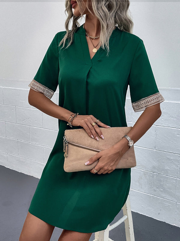 Tunic Dresses- Lace Accents Short Sleeve Tunic Mini Dress in Solid Hues- Green- Pekosa Women Clothing