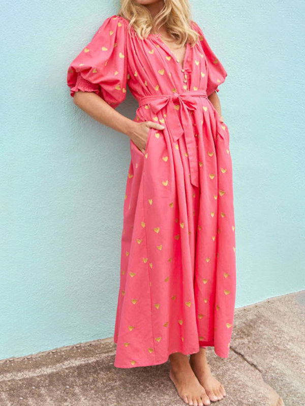 Loose-Fit Printed Maxi Tunic Dress with Balloon Sleeves and Belted Waist