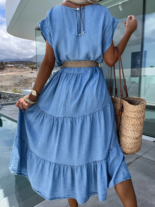 Tunic Dresses- Short-Sleeved Tiered Denim-Like Tunic Dress- - Pekosa Women Clothing