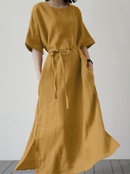 Tunic Dresses- Solid Cotton-Linen Tunic Maxi Dress- Yellow- Pekosa Women Clothing