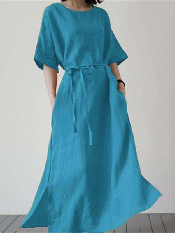 Tunic Dresses- Solid Cotton-Linen Tunic Maxi Dress- Blue- Pekosa Women Clothing