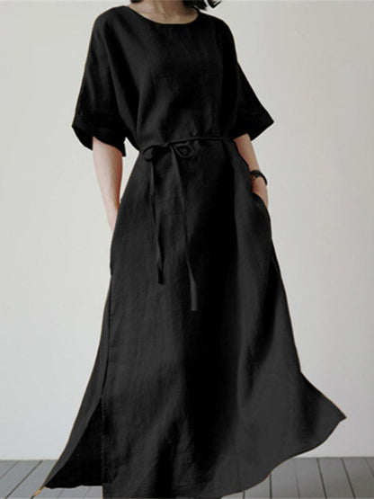 Tunic Dresses- Solid Cotton-Linen Tunic Maxi Dress- Black- Pekosa Women Clothing