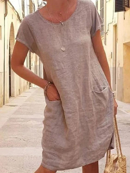 Tunic Dresses- Solid Linen Short Sleeve Tunic Dress for Summer- Khaki- Pekosa Women Clothing